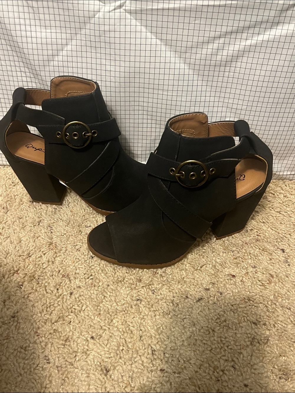Qupid Black Open-Toe Chunky Heeled Booties with Buckle